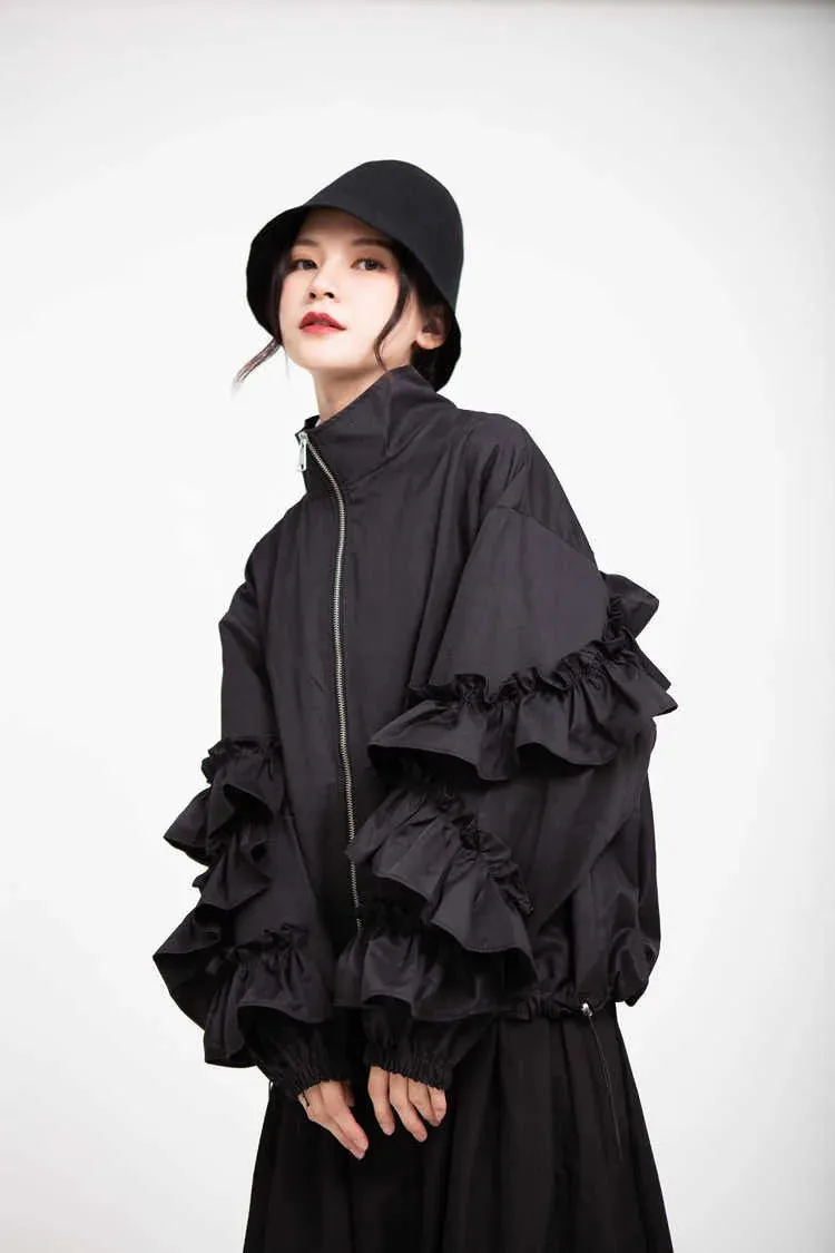 Women's Luxe Black Oversized Ruffled Jacket