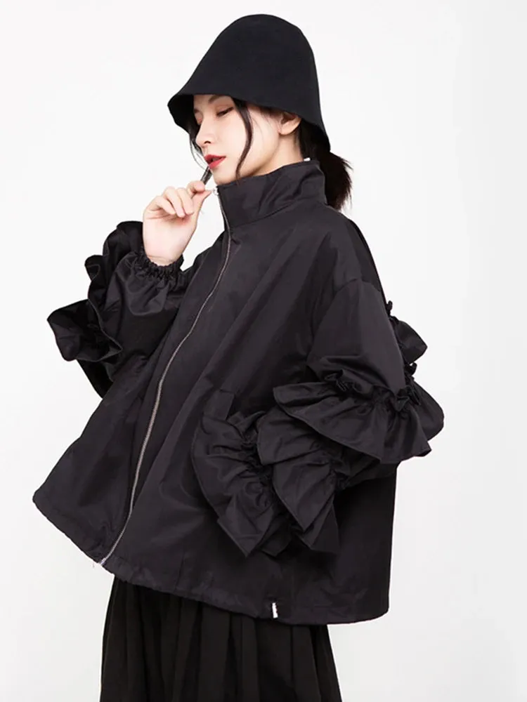 Women's Luxe Black Oversized Ruffled Jacket