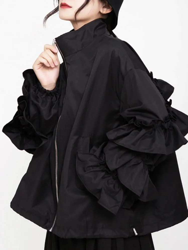 Women's Luxe Black Oversized Ruffled Jacket