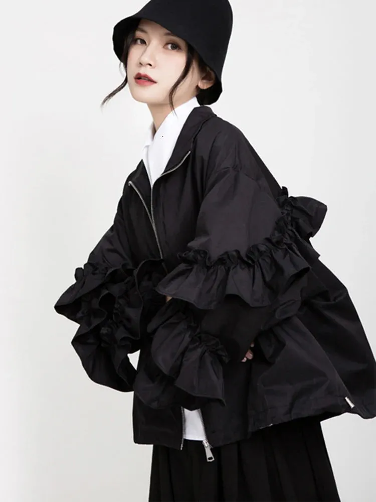 Women's Luxe Black Oversized Ruffled Jacket