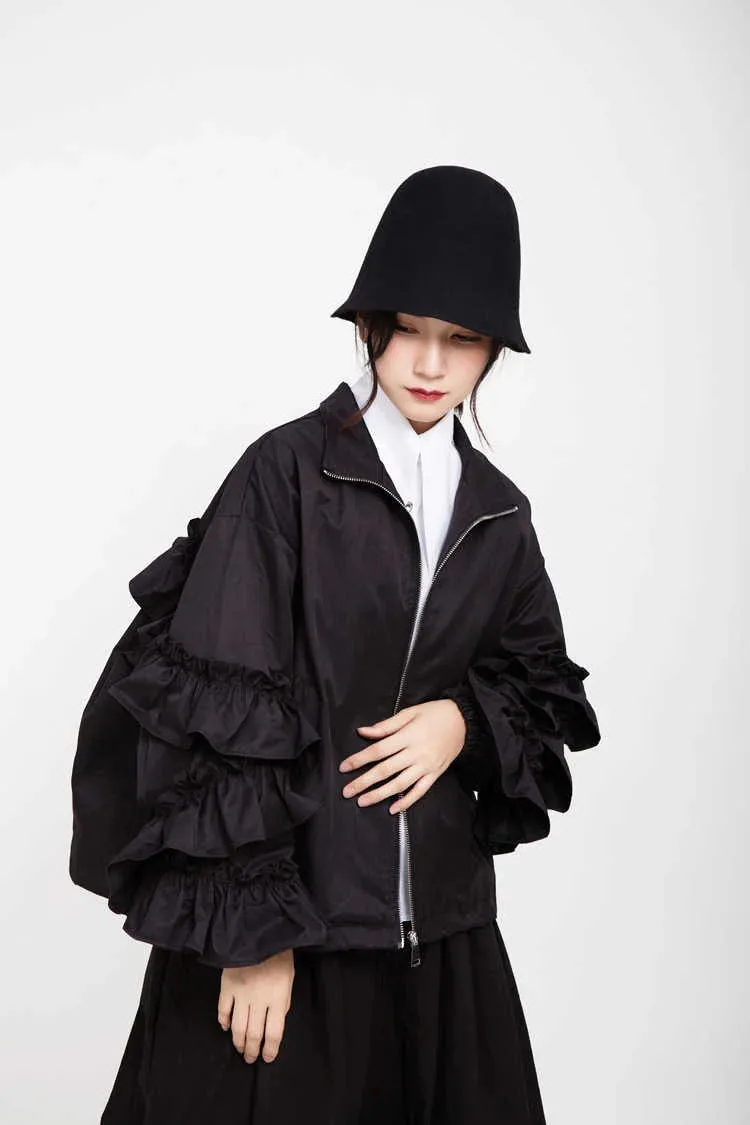 Women's Luxe Black Oversized Ruffled Jacket