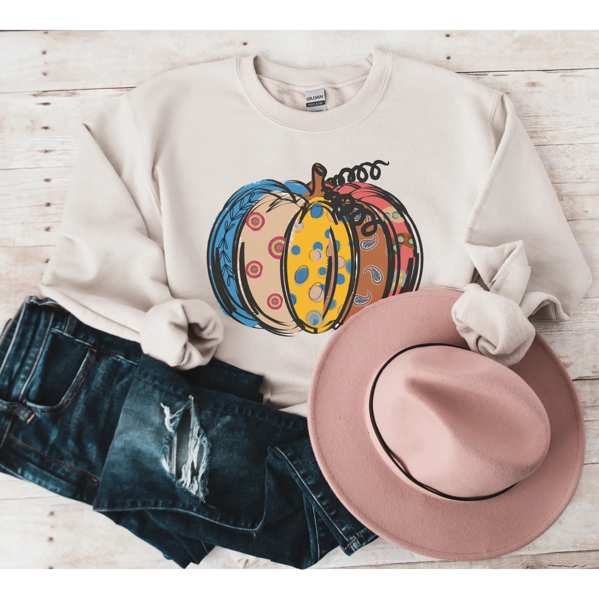 Women's Pumpkin Crewneck Sweatshirt Women's Hand Calico Pumpkin Design Gildan Pullover