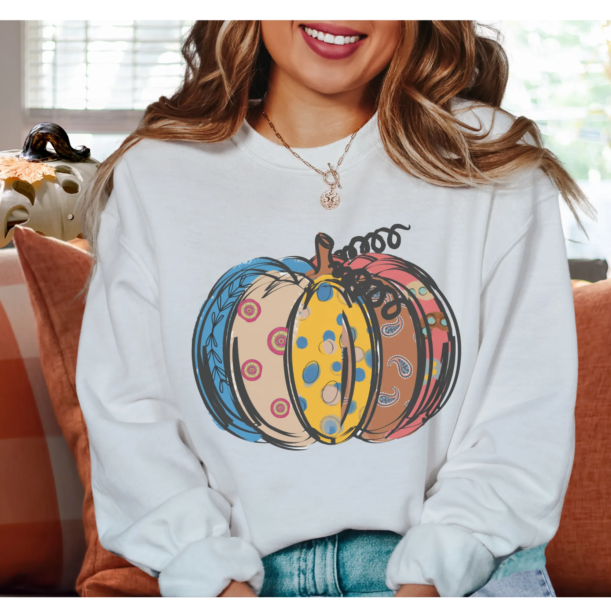 Women's Pumpkin Crewneck Sweatshirt Women's Hand Calico Pumpkin Design Gildan Pullover