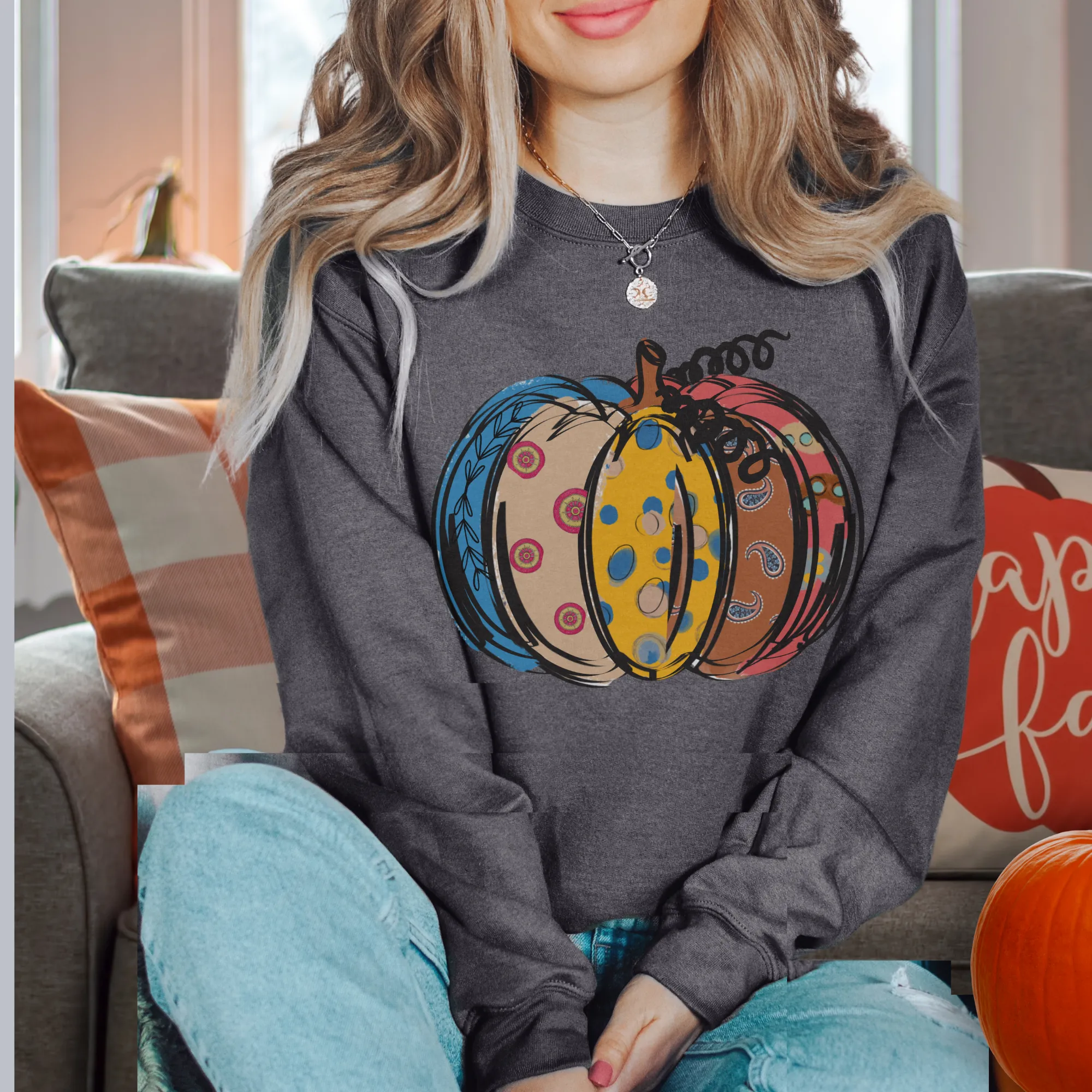 Women's Pumpkin Crewneck Sweatshirt Women's Hand Calico Pumpkin Design Gildan Pullover