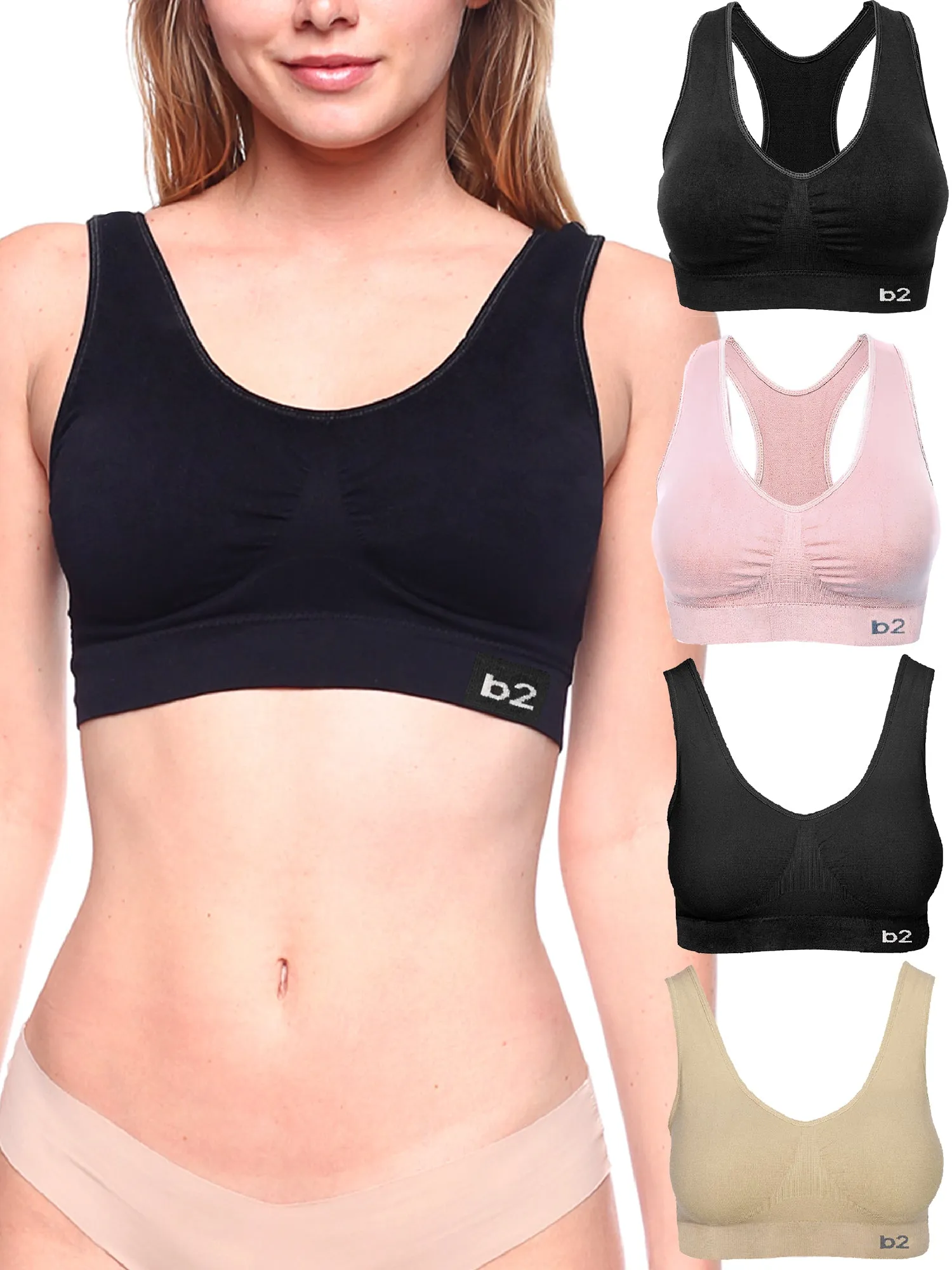 Women's Seamless Sports Bra S to 2XL Plus 2 Racerback Bras and 2 Basic Multi-Pack