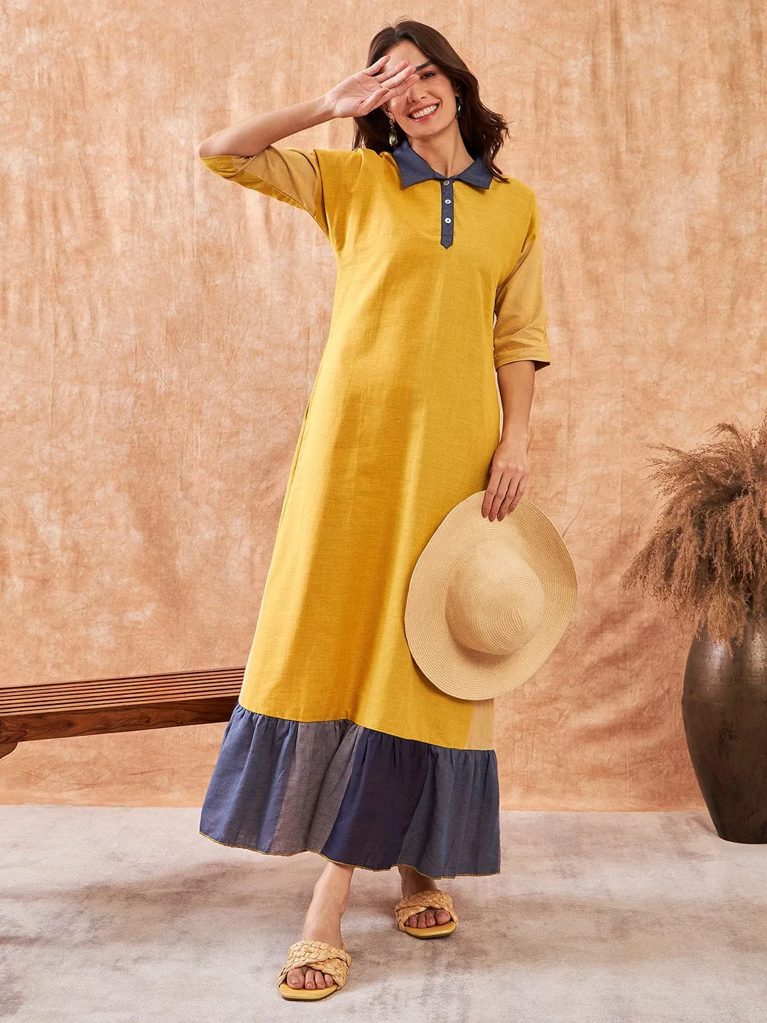 Yellow Colorblock Cotton Lounge Dress