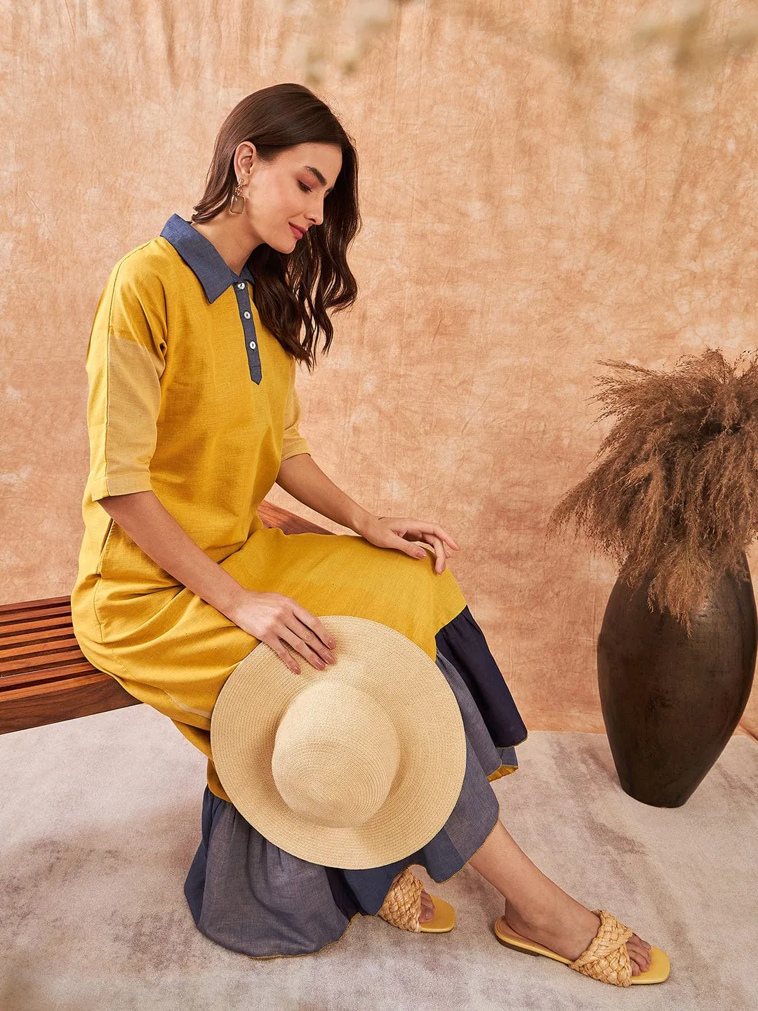 Yellow Colorblock Cotton Lounge Dress