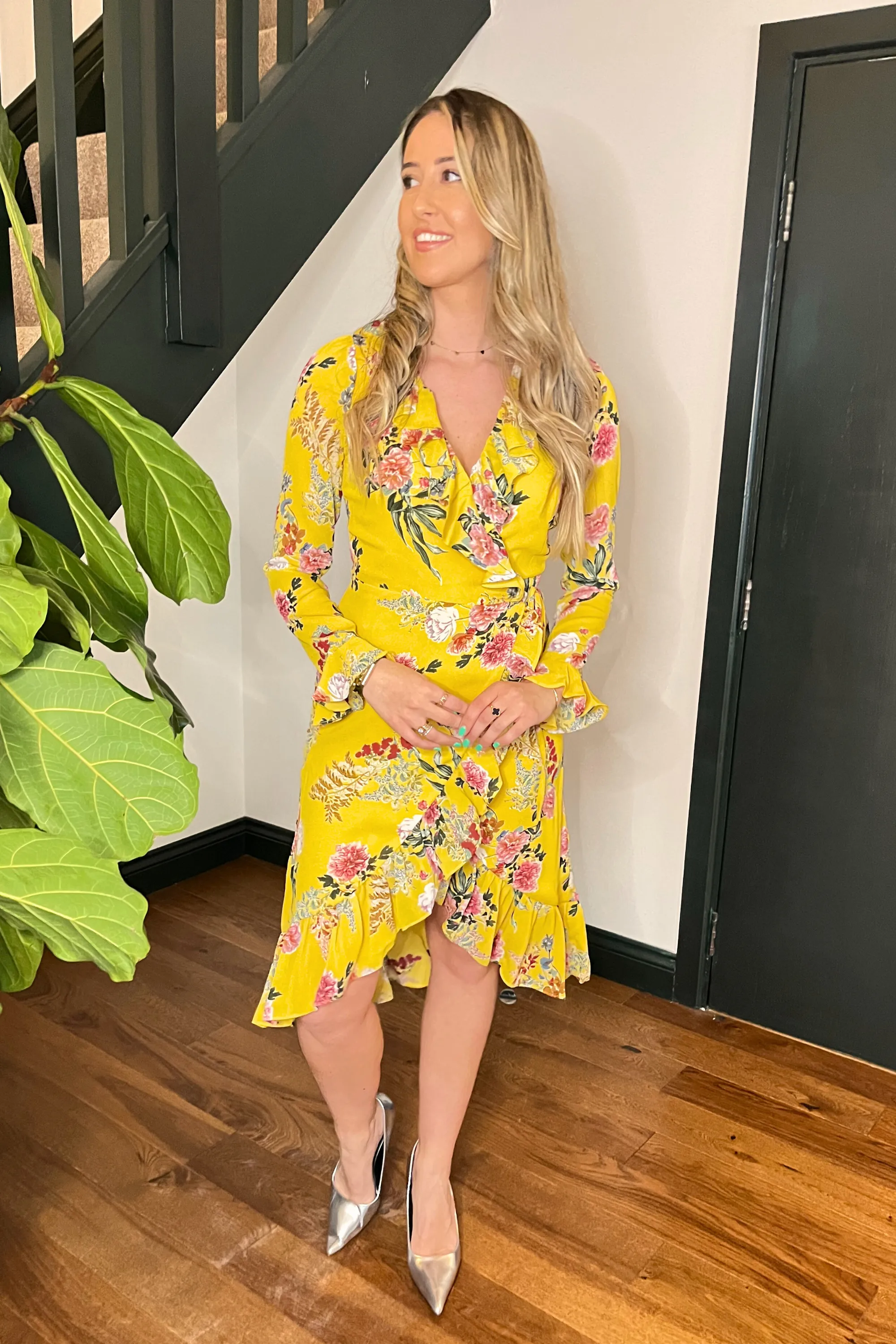 Yellow Floral Print Wrap Dress