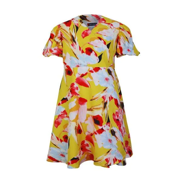 YELLOW PUFF SLEEVE WRAP DRESS